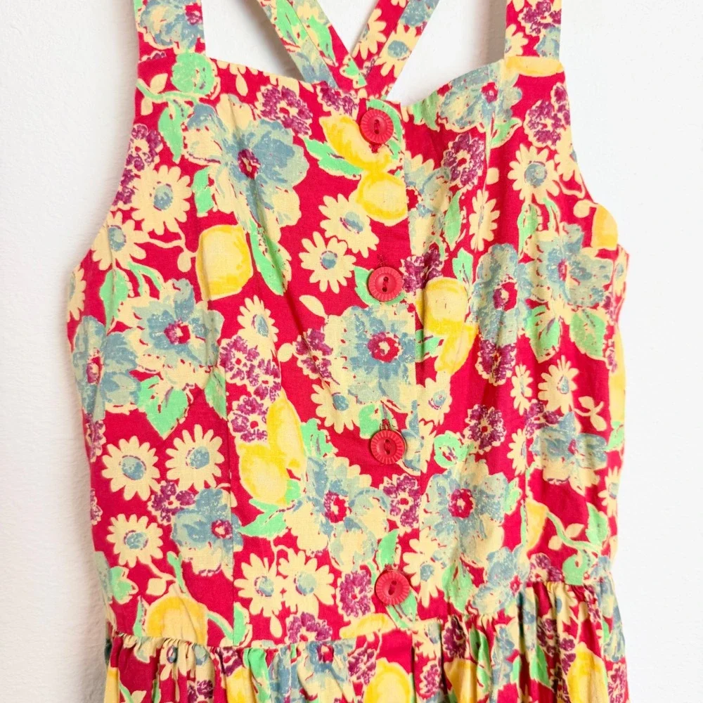 Polo Ralph Lauren Girls Red Floral Lemon Print Sun Dress Size 7 Button Front